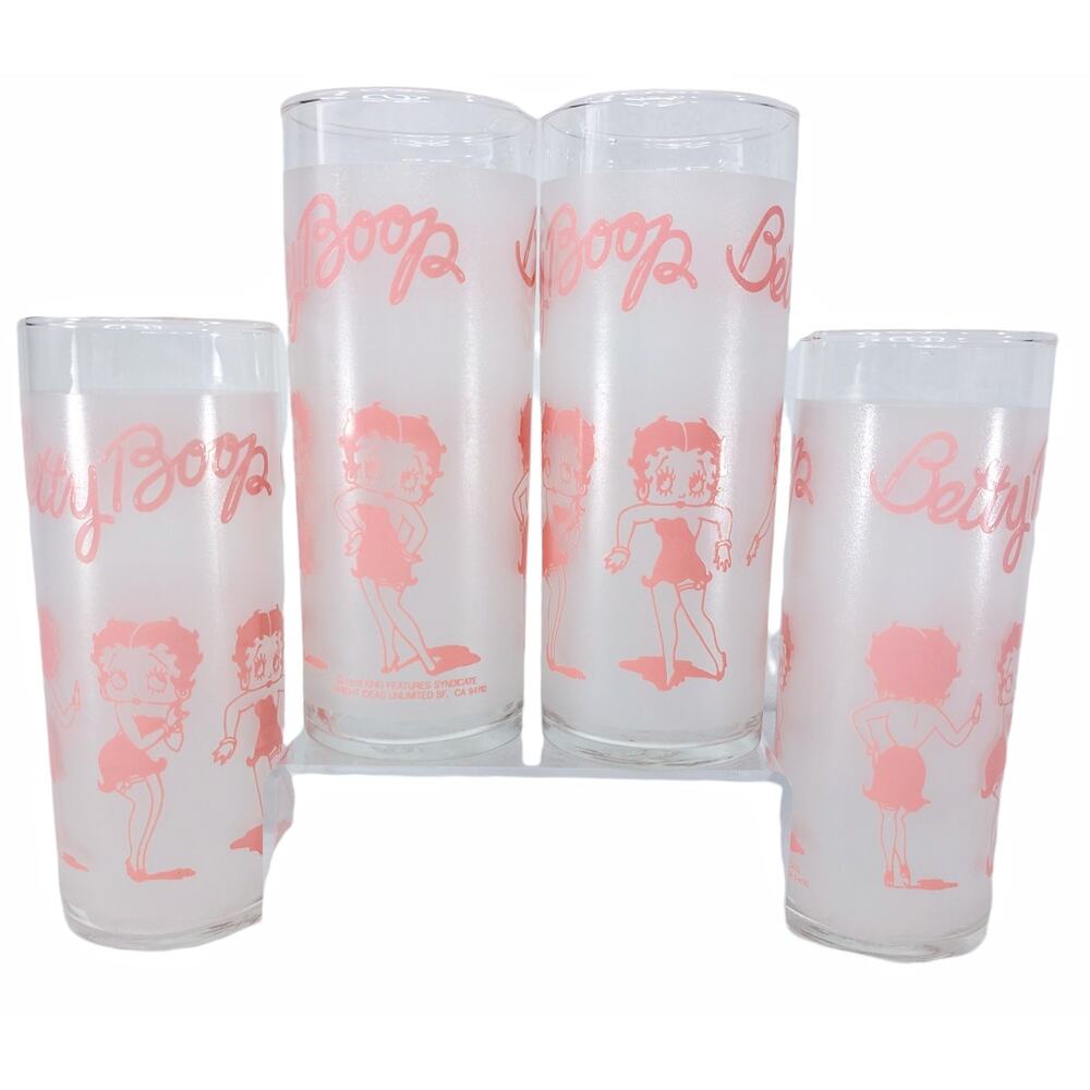 Betty Boop Pink Drinking Frosted Glasses Set of 4 10 Oz Slim 1988 Vintage Glass